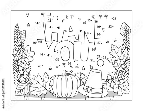 Thanksgiving Day holiday themed dot-to-dot, or connect the dots, else join the dots, picture puzzle and coloring page wth "Thank you!" hidden message
