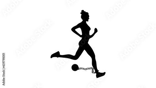 economic crisis silhouette, woman running with shackles on her legs