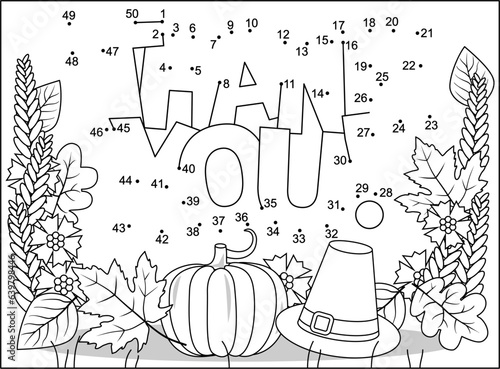 Thanksgiving Day holiday themed dot-to-dot, or connect the dots, else join the dots, picture puzzle and coloring page wth "Thank you!" hidden message

