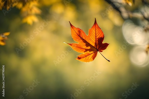 a single autumn leaf flying in air, coseup view photo