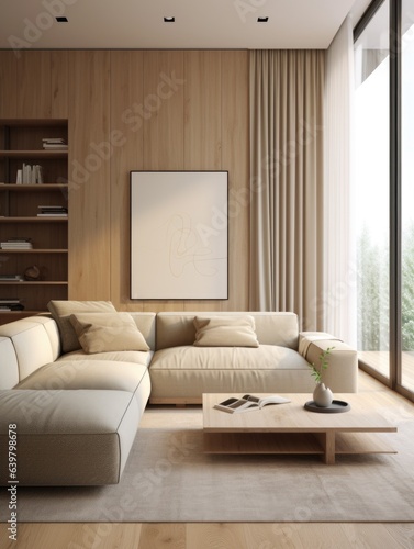 Minimalist interior design of modern living room with beige sofa