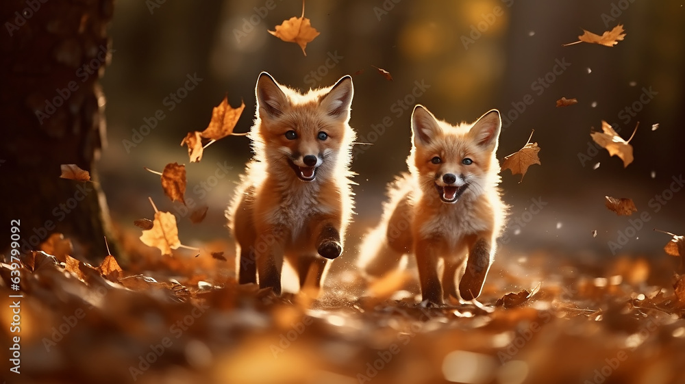 a cute fox runs in leaf fall through autumn leaves a view of wild nature the joy of change, a dynamic scene of flying leaves - obrazy, fototapety, plakaty 