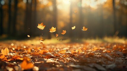 leaf fall in the autumn park in the sunlight, dry yellow leaves fly in the landscape of warm October