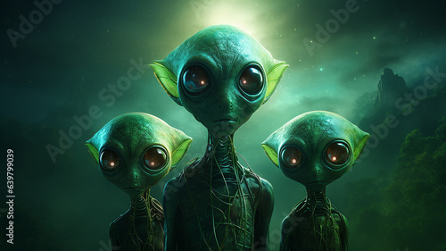 a group of three aliens on the background of fog fictional space graphics computer, fantastic