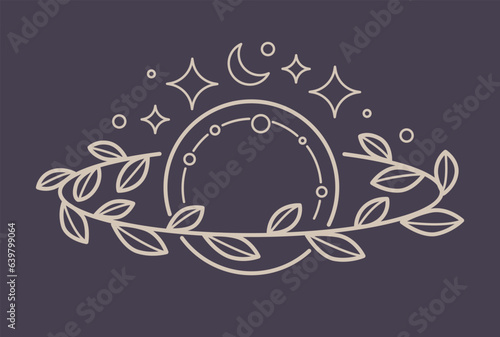 Moon and floral wreath circle planet mystic symbol