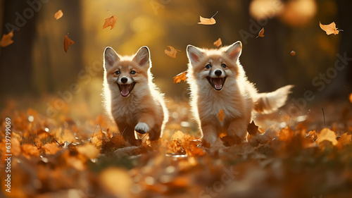 a cute fox runs in leaf fall through autumn leaves a view of wild nature the joy of change, a dynamic scene of flying leaves © kichigin19