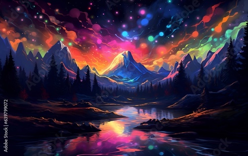 Abstract neon landscape with glowing mountains, river and forest, against a dark starry sky © ergapamungkas
