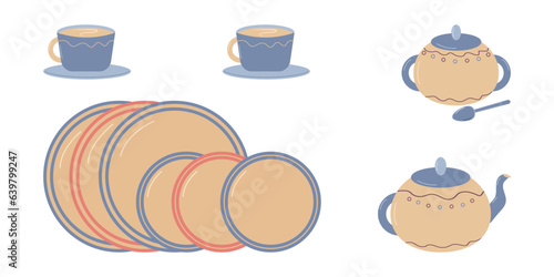 Set of tableware for decorating dining room. Plates with cups, a teapot and a sugar bowl. Vector illustration.