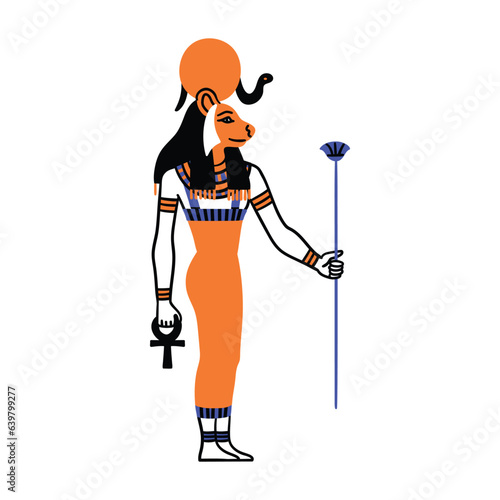 Cartoon Color Character Egyptian God Sekhmet Egypt Myth Concept Flat Design Style. Vector illustration of Ancient Mythology Personage or Sculpture