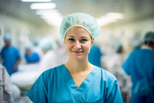 portrait of young blonde female medical nurse wearing scrubs and hair cap photo