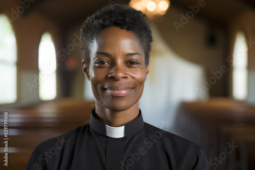 portrait of smiling black poc female priest wearing collar with blurred background