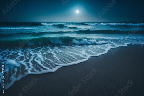 a magical scene of a moonlit beach, with gentle waves illuminated by the soft glow of the moon