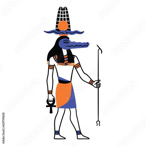 Cartoon Color Character Egyptian God Sobek Egypt Myth Concept Flat Design Style. Vector illustration of Ancient Mythology Personage or Sculpture
