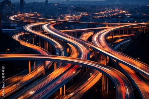 expansive highway interchange emerges, its complexity reminiscent of a modern art piece. Long exposure photography captures streaks of luminous white and red, as vehicles weave a tapestry of light