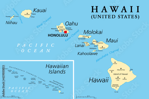 Hawaiian Islands, political map. Archipelago of eight major volcanic islands, several atolls and numerous smaller islets in the North Pacific Ocean, extending from Island of Hawaii to the Kure atoll.
