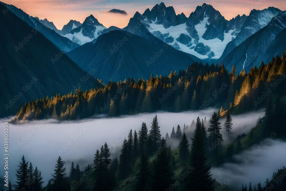 serene mountain peaks emerging from the early morning mist as the first light of dawn break