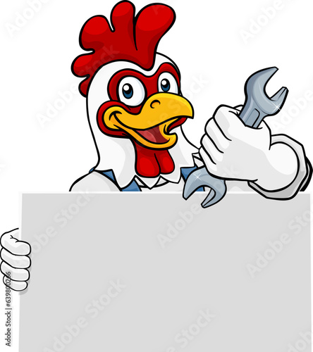A chicken or rooster handyman, mechanic, plumber or other construction cartoon mascot man holding a wrench or spanner tool.