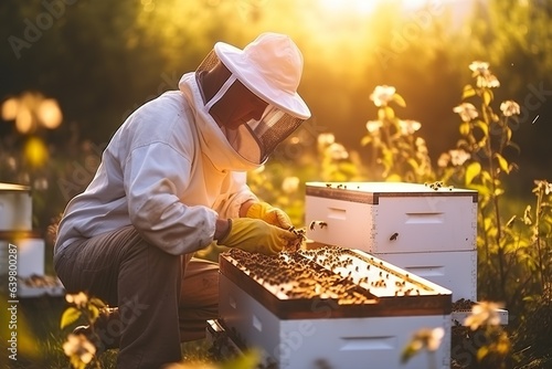 Beekeeper checking honey on the beehive frame in the field