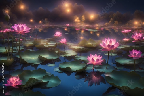 water lilies in the pond at night photo