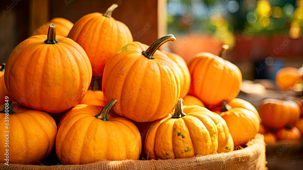 pumpkins in a basket in the counter of a blurred backround of a street market pumpkins in a basket in the counter of a blurred backround of a street market
