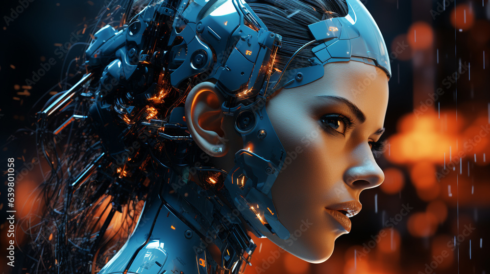 3 d robot woman face with artificial technology background. future and cyberintelligence concept 3 d robot woman face with artificial technology background. future and cyberintelligence concept