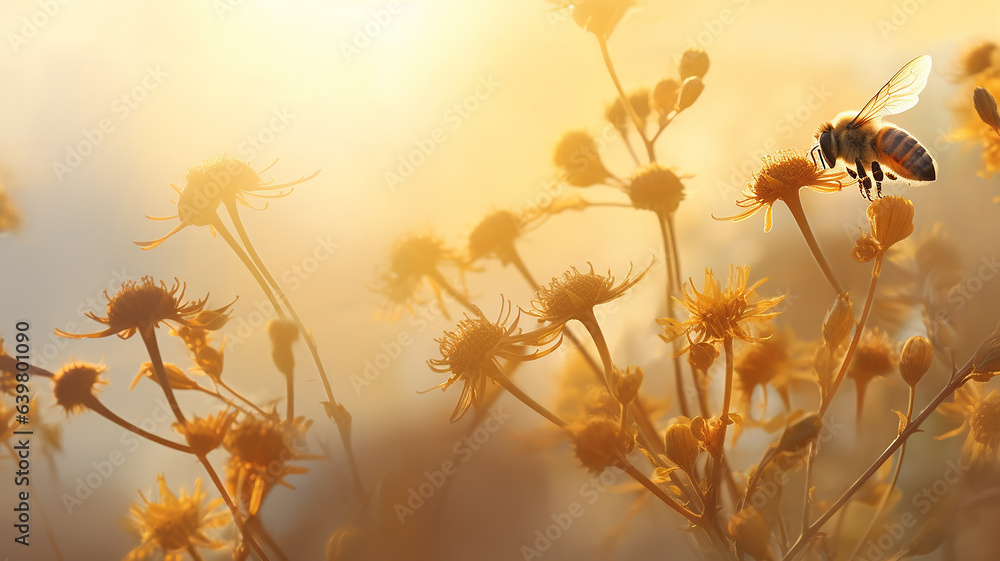 Obraz premium bees pollinate flowers in the morning fog of the last days of summer, landscape, silence and beauty of wildlife in early autumn