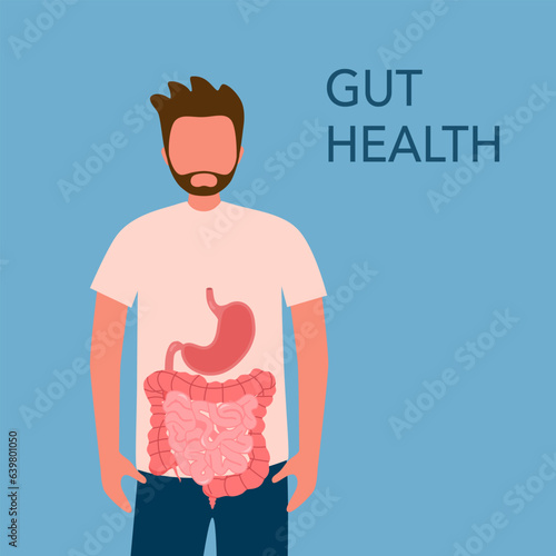 Man with healthy clean gut in flat design. Detox and healthy digestive system. Gut health concept.