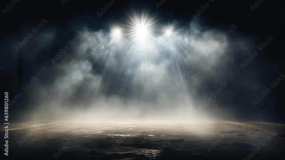 Fototapeta premium stage fog, smoke in the background light of theater spotlights on an empty stage, illuminated podium in the hall