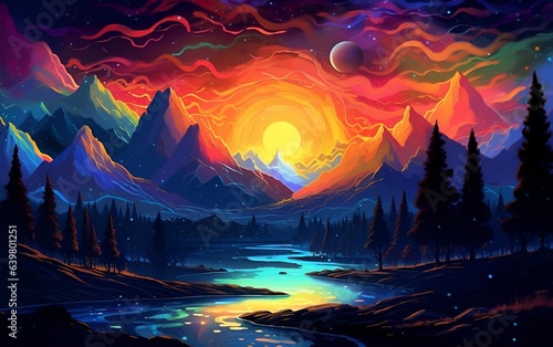 Abstract neon landscape with glowing mountains  river and forest  against a dark starry sky