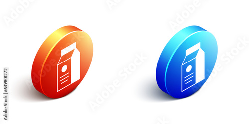 Isometric Paper package for milk icon isolated on white background. Milk packet sign. Orange and blue circle button. Vector