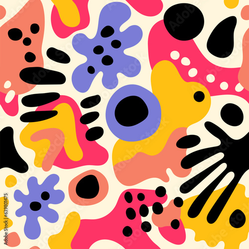 Modern playful vibrant groovy free form shapes and doodle objects seamless vector pattern. Trendy collage elements contemporary design background.