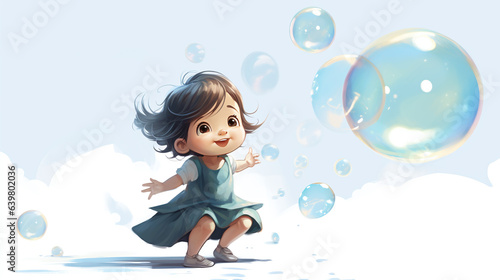 Cute and happy little girl playing with bubbles.
