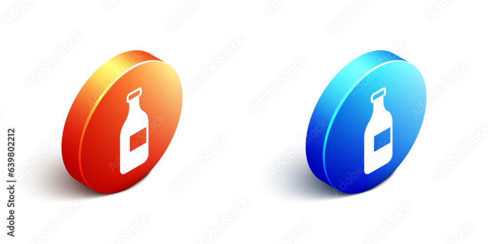 Isometric Bottle of wine icon isolated on white background. Orange and blue circle button. Vector Isometric Bottle of wine icon isolated on white background. Orange and blue circle button. Vector