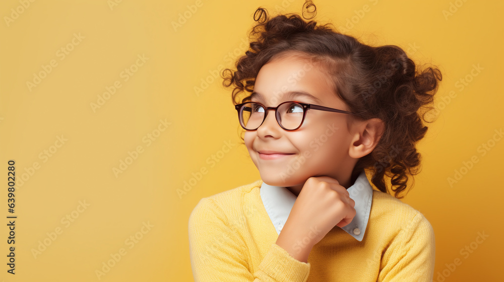 Close up potrail of cute little girl looking above. Concept of curious ,imiginative, new idea, solution from young and smart kids. Pastel color background with copy space. Close up potrail of cute little girl looking above. Concept of curious ,imiginative, new idea, solution from young and smart kids. Pastel color background with copy space.