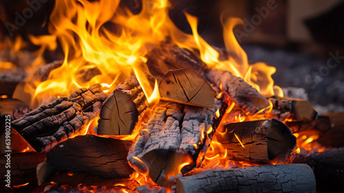 Burning firewood in the fireplace.