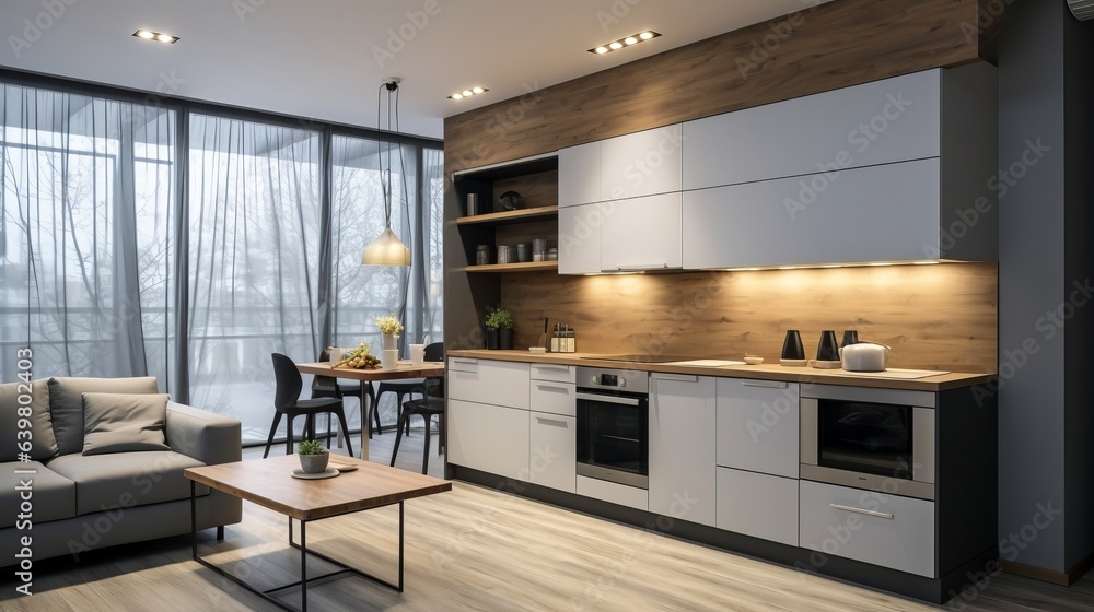 Contemporary Apartment Design: Kitchen and Living Room in Minimalist Style. Postprocessing Generative AI. Contemporary Apartment Design: Kitchen and Living Room in Minimalist Style. Postprocessing Generative AI.
