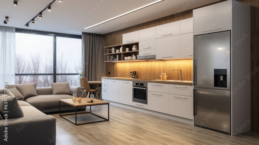 Modern Minimal Apartment Interior with Kitchen and Living Room. Postprocessing Generative AI. Modern Minimal Apartment Interior with Kitchen and Living Room. Postprocessing Generative AI.