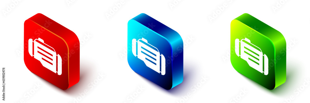 Isometric Check engine icon isolated on white background. Red, blue and green square button. Vector Isometric Check engine icon isolated on white background. Red, blue and green square button. Vector