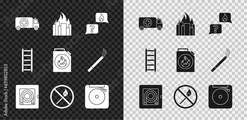 Set Ambulance and emergency car, Fire in burning buildings, Phone with call 911, hose cabinet, No fire match, Ringing alarm bell, escape and Canister for flammable liquids icon. Vector