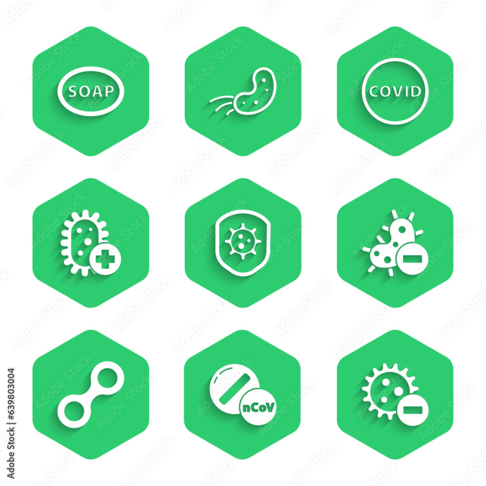 Set Shield protecting from virus, Medicine pill or tablet, Negative, Virus, Positive, Corona covid-19 and Bar of soap icon. Vector Set Shield protecting from virus, Medicine pill or tablet, Negative, Virus, Positive, Corona covid-19 and Bar of soap icon. Vector