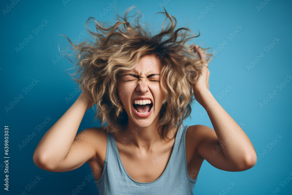a woman screaming in front of a solid color background, in the style of playful poses,cute and colorful a woman screaming in front of a solid color background, in the style of playful poses,cute and colorful
