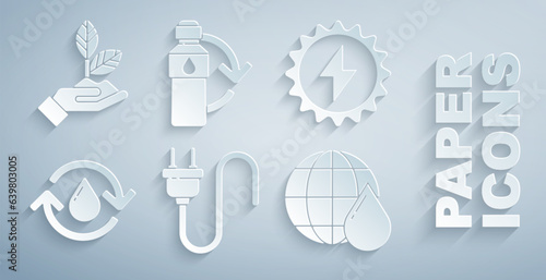 Set Electric plug, Solar energy panel, Recycle clean aqua, Earth planet in water drop, Recycling plastic bottle and Plant hand icon. Vector