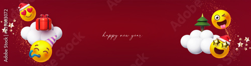 Happy New Yyear poster template with 3D smie and gifts. Christmas design.