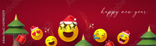 Happy New Yyear poster template with 3D smie and gifts. Christmas design.