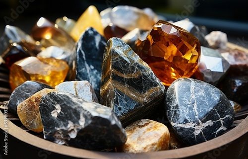 Natural stones from Brazil, gold, silver, rough diamond, and hematite. Brazilian mineral extraction concept, industrial or decorative stones. Generative AI 