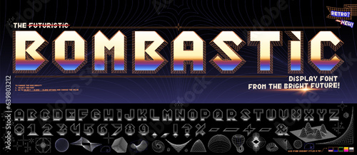 Bombastic font from future. Geometric alphabet letters and numbers with 3D wireframe effect. Vector typeface with variable grid density and editable stroke paths