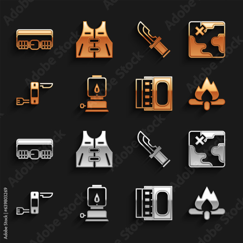 Set Camping lantern, Africa safari map, Campfire, Matchbox and matches, Swiss army knife, Hunter, Hunting cartridge belt and jacket icon. Vector
