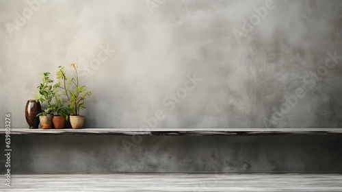 Empty Gray Wall Room interiors Studio Concrete Backdrop and Floor cement Shelf, well editing montage display products and text present on free space Background, AI generative