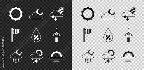 Set Sun, Cloud with moon, Rainbow cloud and rain, snow sun, Sunrise, Cone windsock wind vane and Water drop percentage icon. Vector