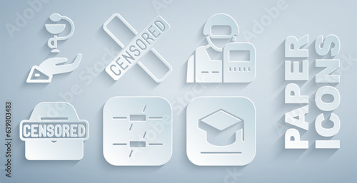 Set Barbed wire, Police officer, Censored stamp, Graduation cap, and Caduceus snake medical icon. Vector